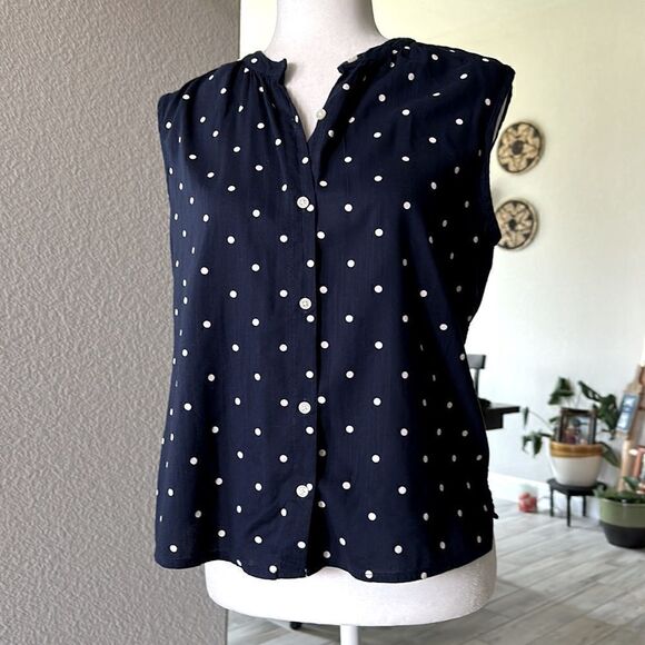 Old Navy Blue Sleeveless Button Down White Polla Dots Cotton Viscose XS Nautic - Picture 2 of 10